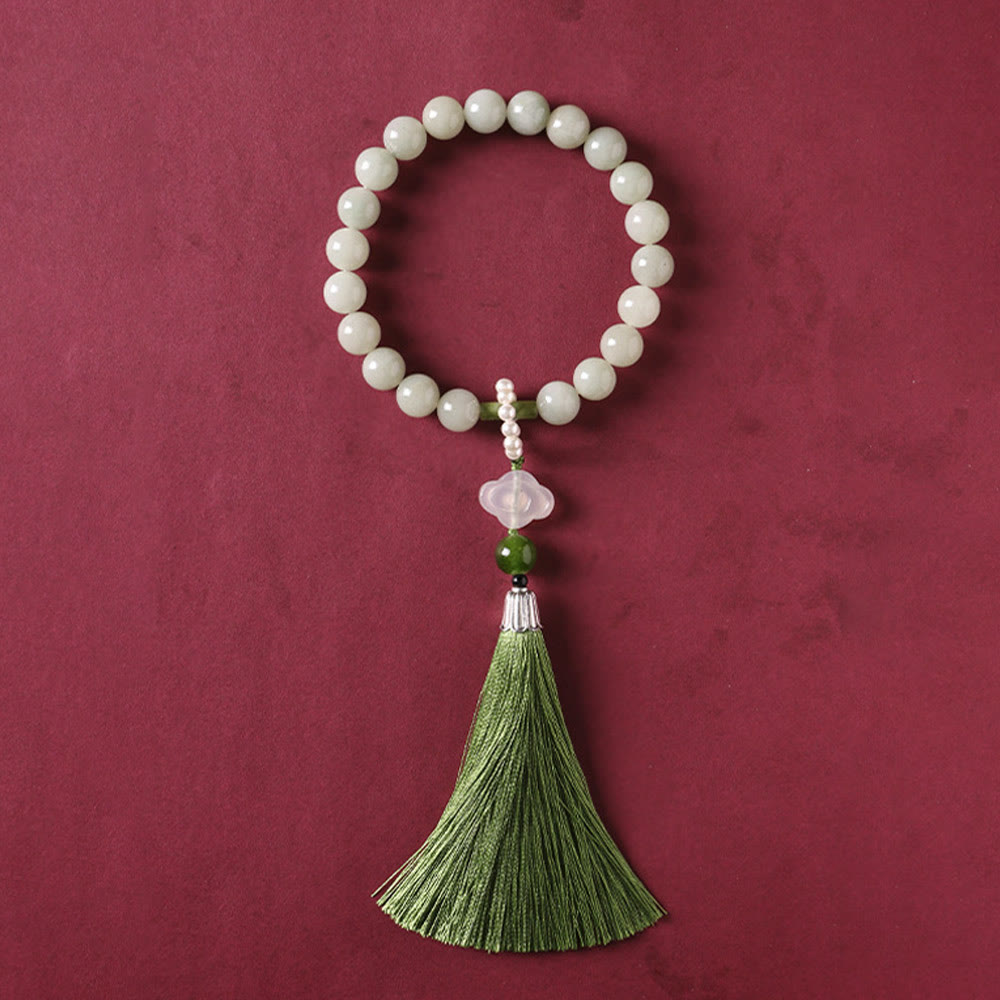 Nimara Ritual Green Jade Beads Pearl Prosperity Tassels Wrist Mala