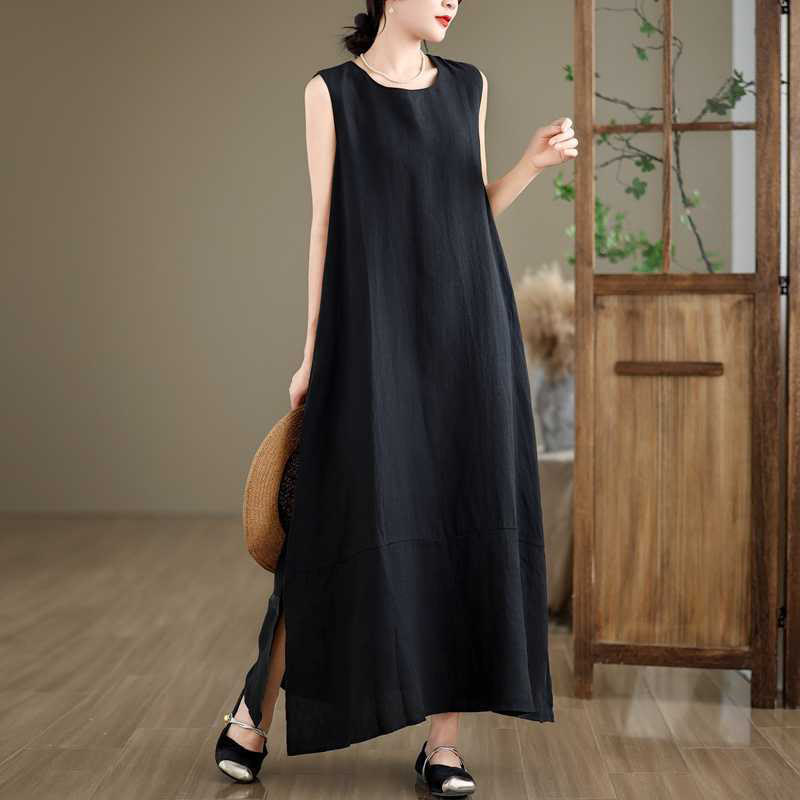 Nimara Ritual Spring Plain Irregular Sleeveless Midi Dress With Pockets