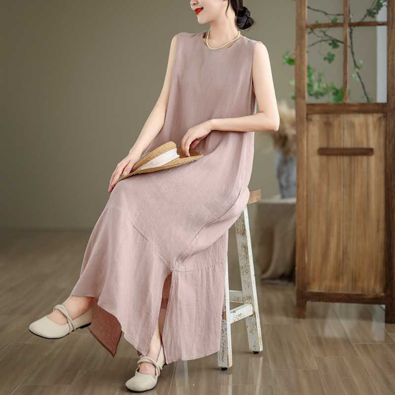 Nimara Ritual Spring Plain Irregular Sleeveless Midi Dress With Pockets
