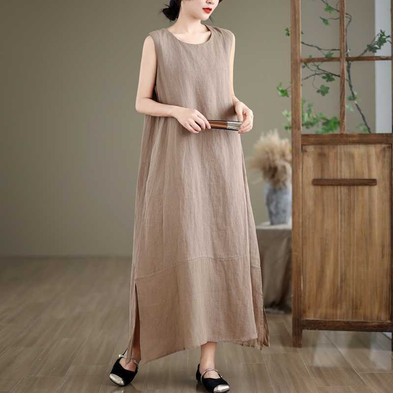 Nimara Ritual Spring Plain Irregular Sleeveless Midi Dress With Pockets