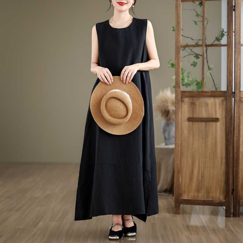 Nimara Ritual Spring Plain Irregular Sleeveless Midi Dress With Pockets