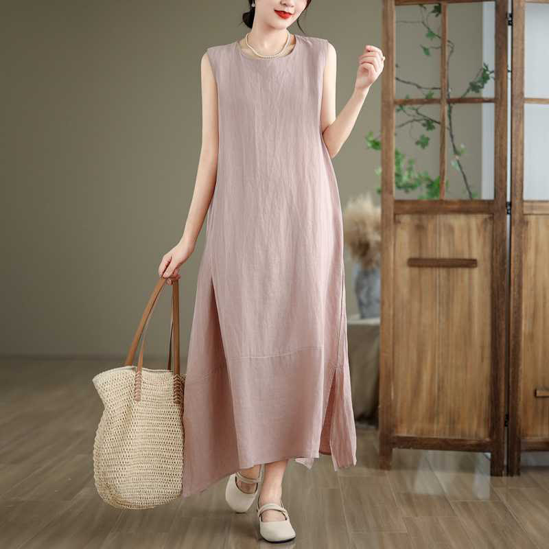 Nimara Ritual Spring Plain Irregular Sleeveless Midi Dress With Pockets