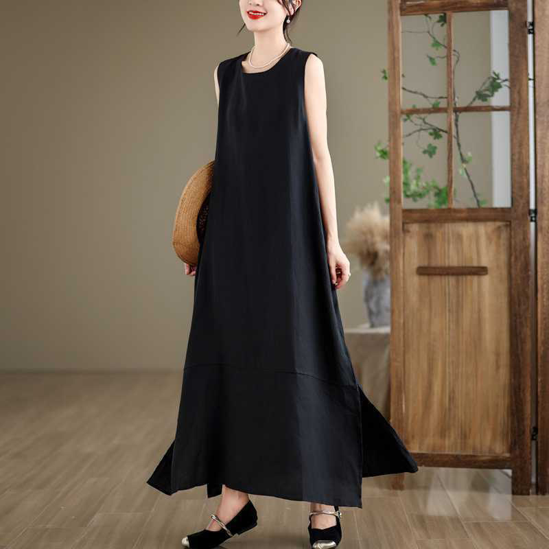 Nimara Ritual Spring Plain Irregular Sleeveless Midi Dress With Pockets