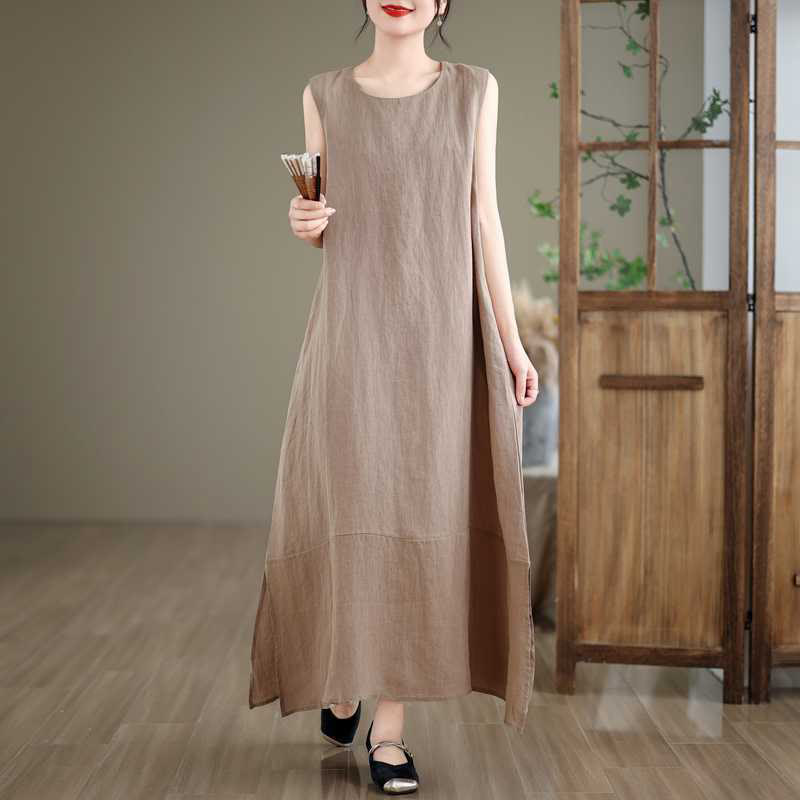 Nimara Ritual Spring Plain Irregular Sleeveless Midi Dress With Pockets