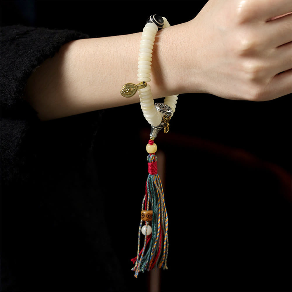 Nimara Ritual Natural White Bodhi Seed Stone Wisdom Tassel Bracelet