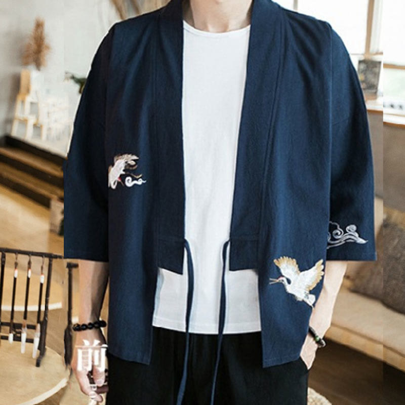 Nimara Ritual Embroidery Open Front Jacket Cotton Linen Men's Three Quarter Sleeve Kimono