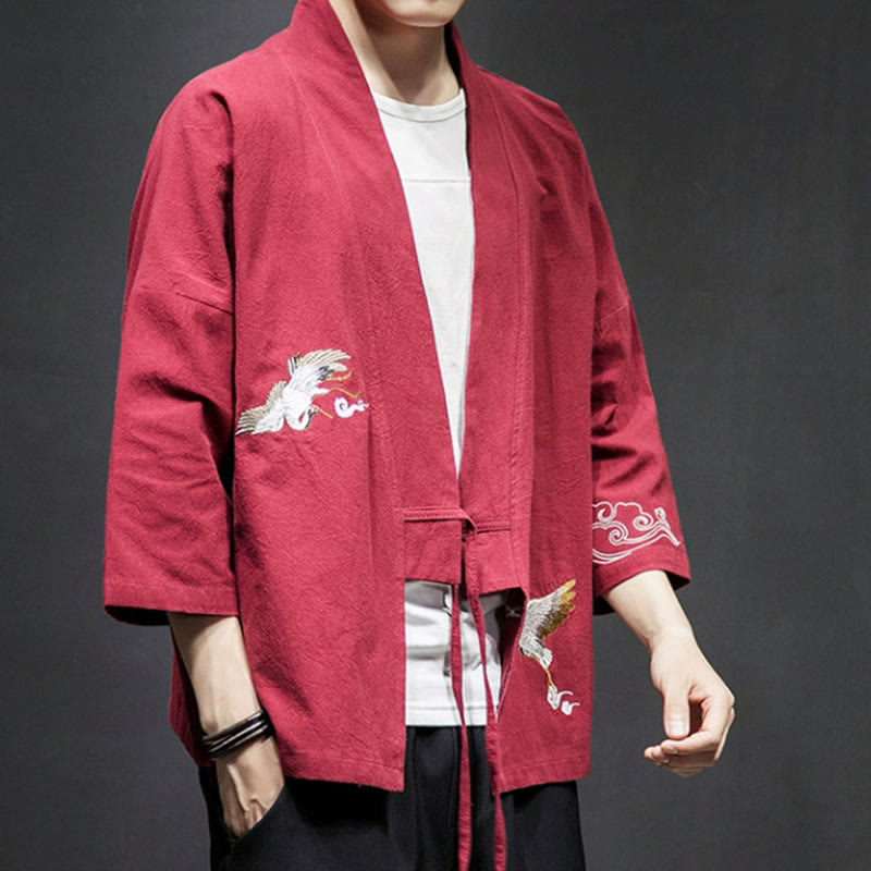 Nimara Ritual Embroidery Open Front Jacket Cotton Linen Men's Three Quarter Sleeve Kimono
