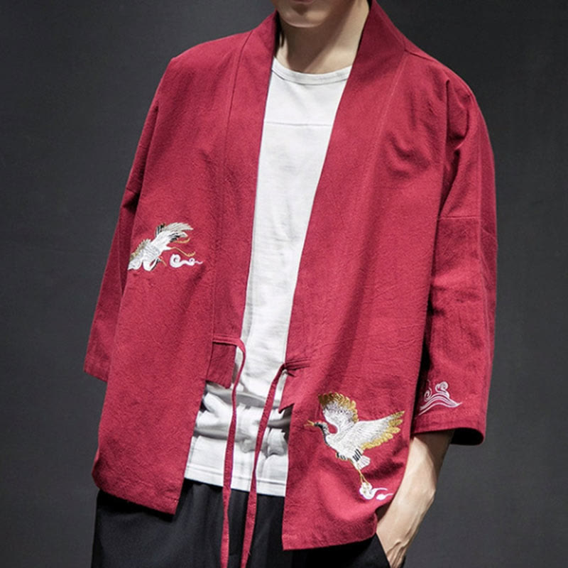 Nimara Ritual Embroidery Open Front Jacket Cotton Linen Men's Three Quarter Sleeve Kimono