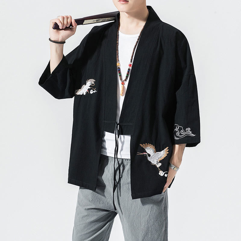 Nimara Ritual Embroidery Open Front Jacket Cotton Linen Men's Three Quarter Sleeve Kimono