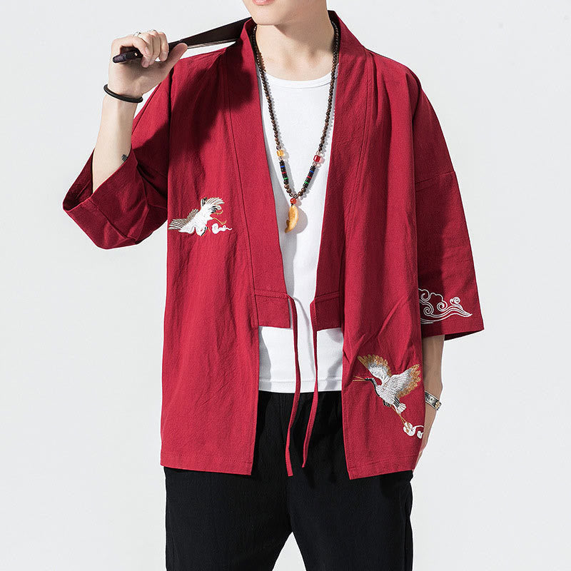 Nimara Ritual Embroidery Open Front Jacket Cotton Linen Men's Three Quarter Sleeve Kimono