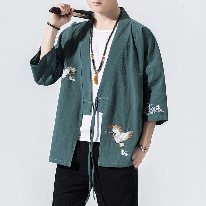 Nimara Ritual Embroidery Open Front Jacket Cotton Linen Men's Three Quarter Sleeve Kimono