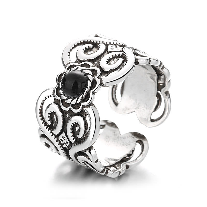 Nimara Ritual Black Onyx Copper Mongolian Pattern Adjustable Fortune Ring