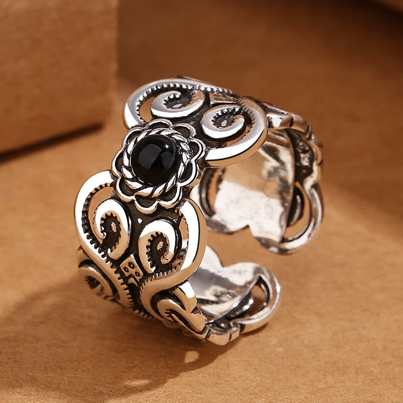 Nimara Ritual Black Onyx Copper Mongolian Pattern Adjustable Fortune Ring