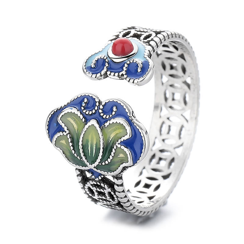 Nimara Ritual Lotus Flower Copper Coins Ruyi Handle Pattern Enlightenment Adjustable Ring