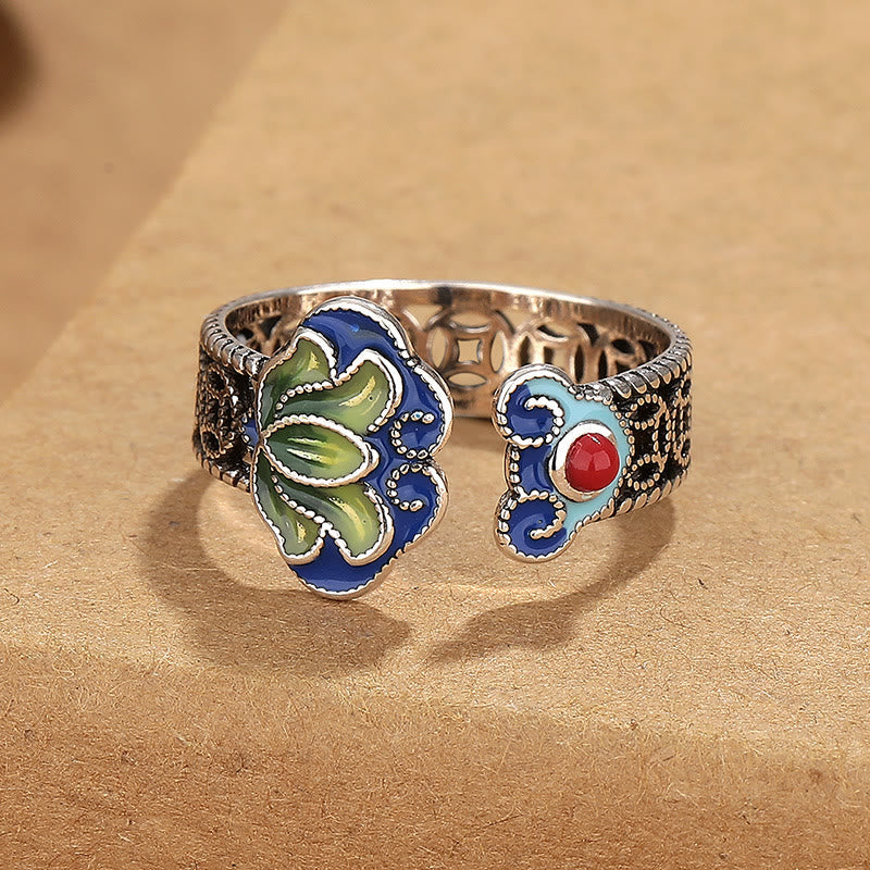 Nimara Ritual Lotus Flower Copper Coins Ruyi Handle Pattern Enlightenment Adjustable Ring