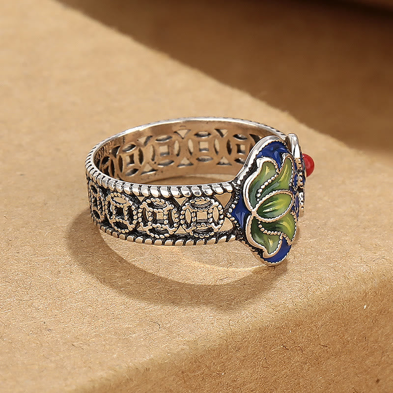 Nimara Ritual Lotus Flower Copper Coins Ruyi Handle Pattern Enlightenment Adjustable Ring
