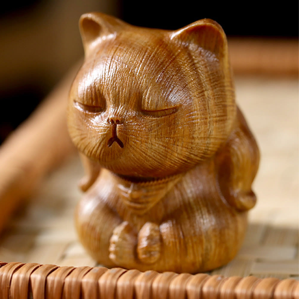 Nimara Ritual Small Mini Green Sandalwood Lucky Cat Carved Soothing Decorations