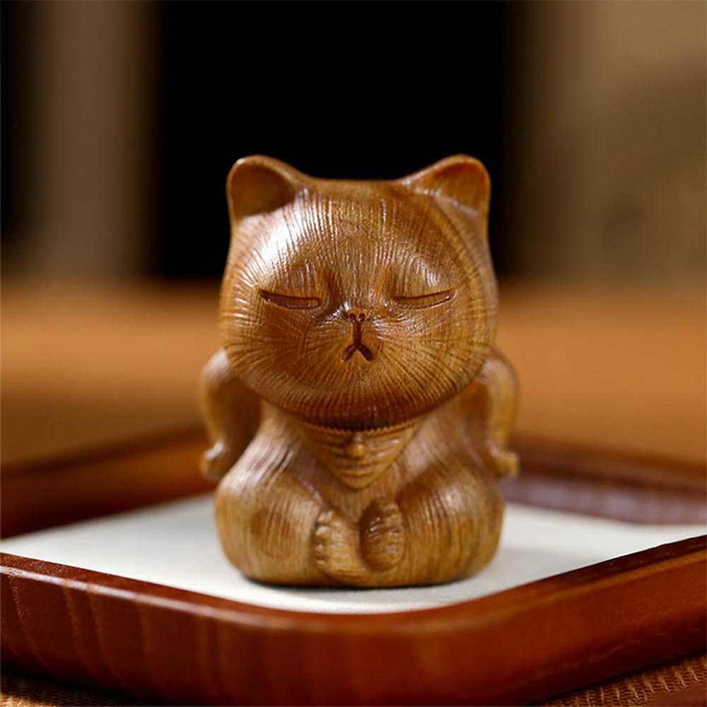 Nimara Ritual Small Mini Green Sandalwood Lucky Cat Carved Soothing Decorations