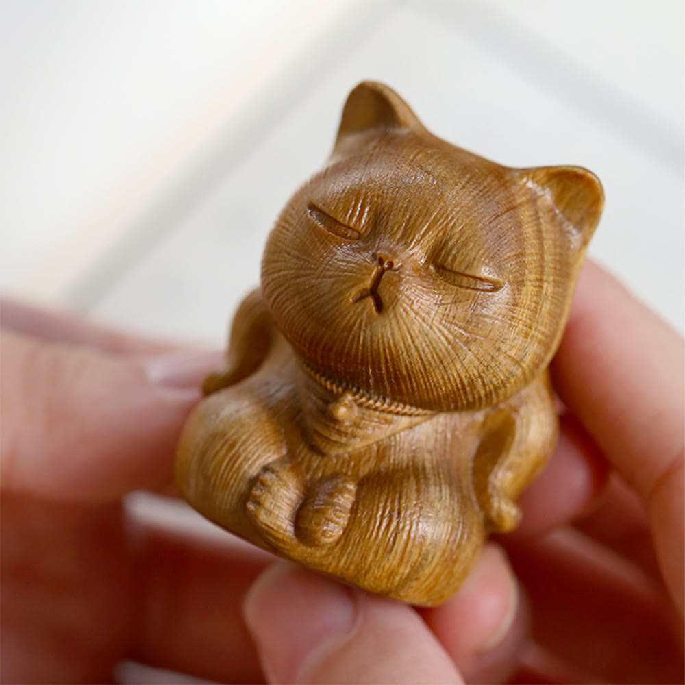 Nimara Ritual Small Mini Green Sandalwood Lucky Cat Carved Soothing Decorations