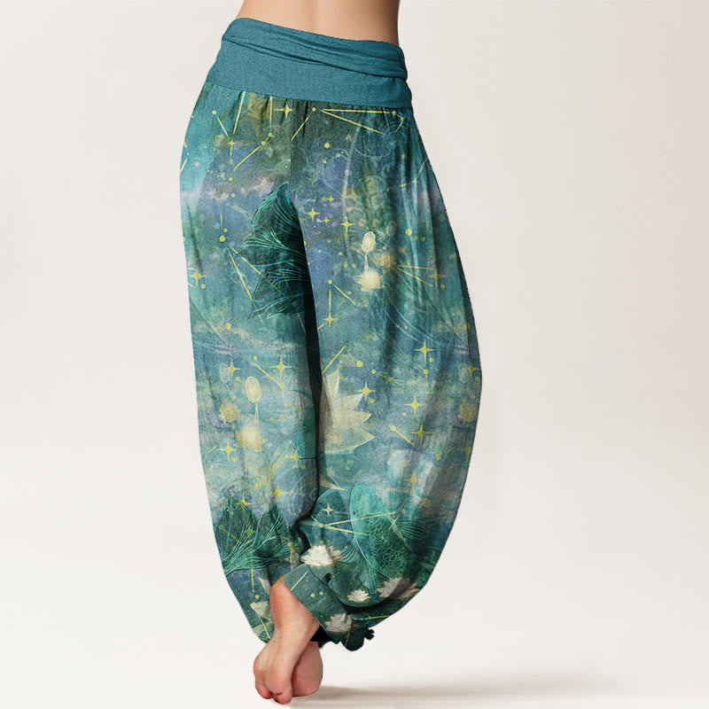 Nimara Ritual Pure Cotton Koi Fish Lotus Moon Stars Pattern Women's Elastic Waist Harem Pants