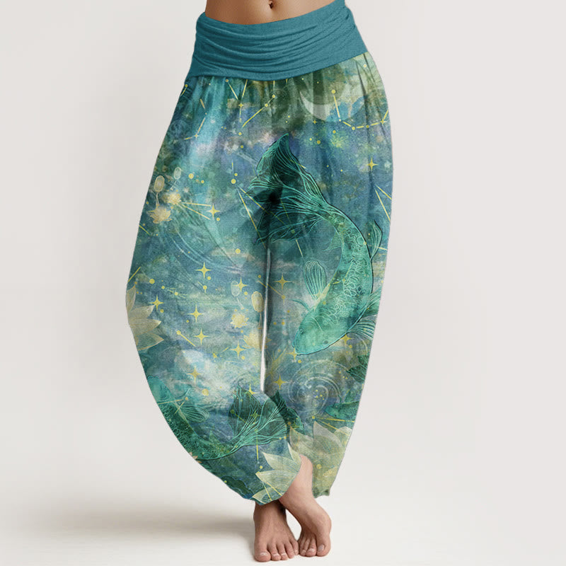 Nimara Ritual Pure Cotton Koi Fish Lotus Moon Stars Pattern Women's Elastic Waist Harem Pants