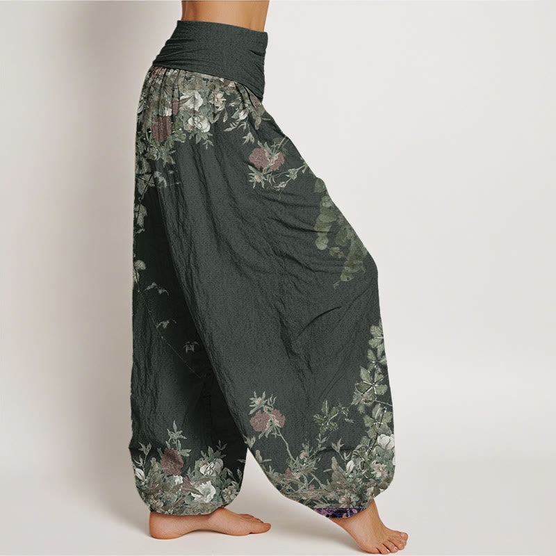 Nimara Ritual Pure Cotton Casual Red Peony Flower Vine Design Women's Elastic Waist Harem Pants