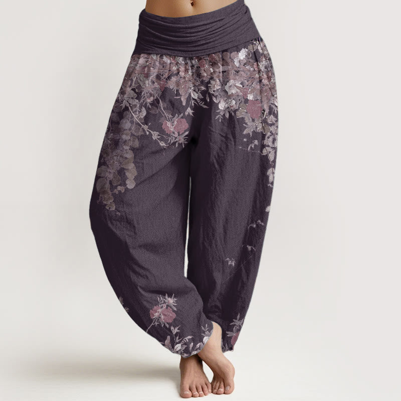 Nimara Ritual Pure Cotton Casual Red Peony Flower Vine Design Women's Elastic Waist Harem Pants