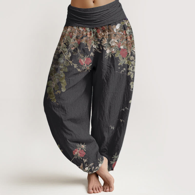 Nimara Ritual Pure Cotton Casual Red Peony Flower Vine Design Women's Elastic Waist Harem Pants