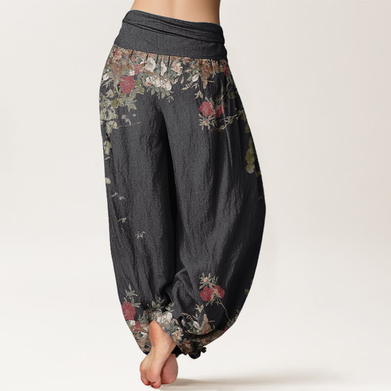 Nimara Ritual Pure Cotton Casual Red Peony Flower Vine Design Women's Elastic Waist Harem Pants