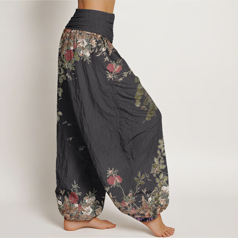 Nimara Ritual Pure Cotton Casual Red Peony Flower Vine Design Women's Elastic Waist Harem Pants
