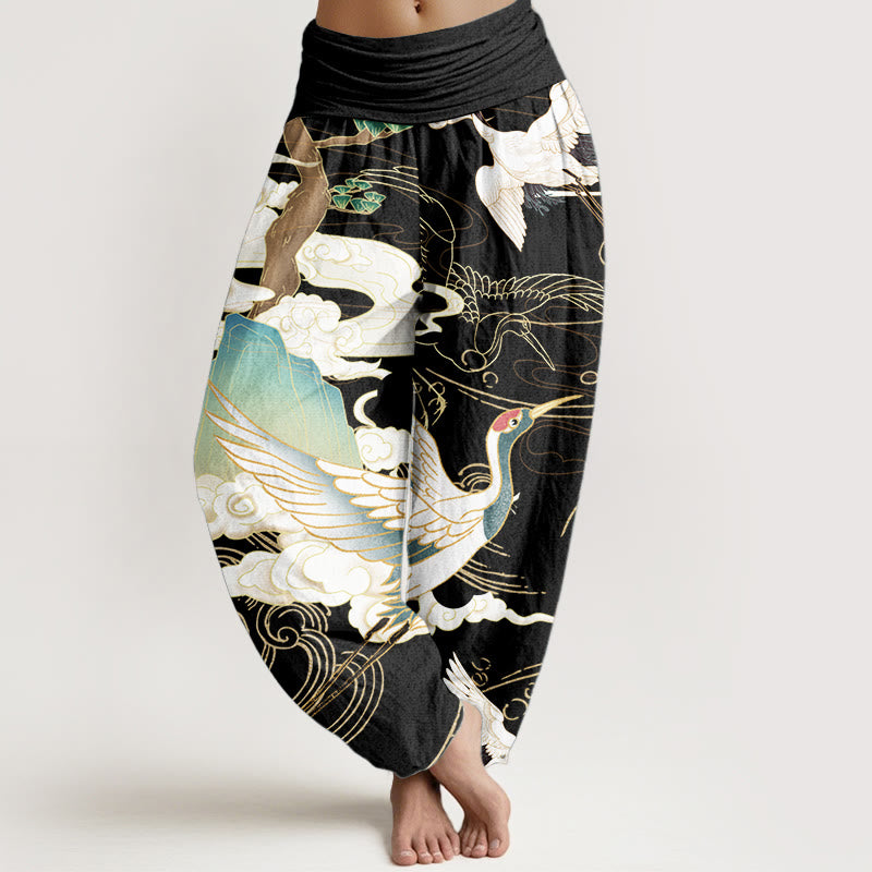 Nimara Ritual Pure Cotton Flying Cranes Auspicious Clouds Tree women's Elastic Waist Harem Pants