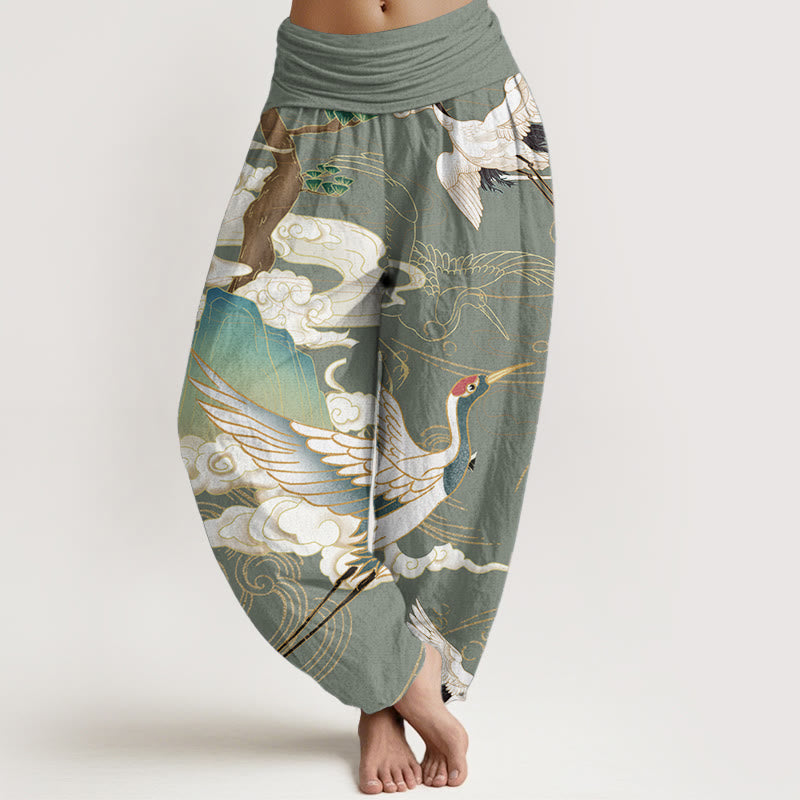 Nimara Ritual Pure Cotton Flying Cranes Auspicious Clouds Tree women's Elastic Waist Harem Pants