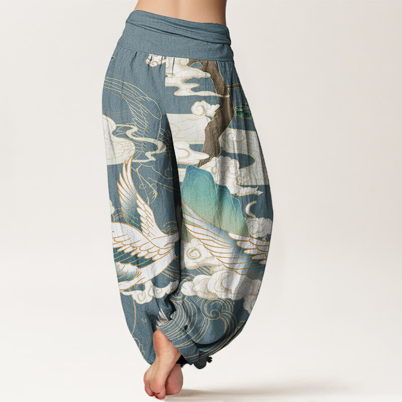 Nimara Ritual Pure Cotton Flying Cranes Auspicious Clouds Tree women's Elastic Waist Harem Pants