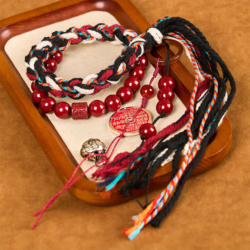 Nimara Ritual Tibetan Mountain Ghosts Spend Money Cinnabar Double-Layer Red Rope Tassel Protection Bracelet