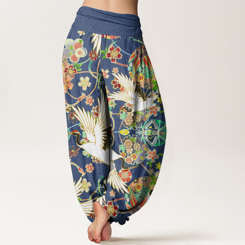 Nimara Ritual Cotton Casual Crane Floral Geometric Pattern Elastic Waist Women's Harem Pants