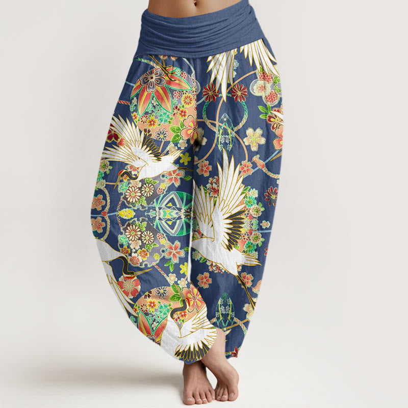Nimara Ritual Cotton Casual Crane Floral Geometric Pattern Elastic Waist Women's Harem Pants