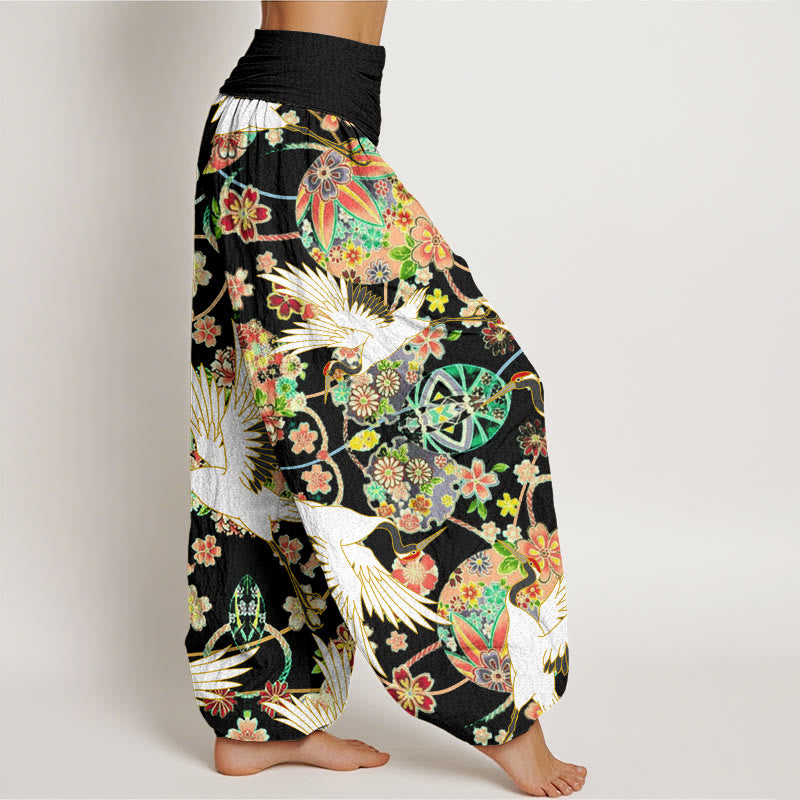 Nimara Ritual Cotton Casual Crane Floral Geometric Pattern Elastic Waist Women's Harem Pants