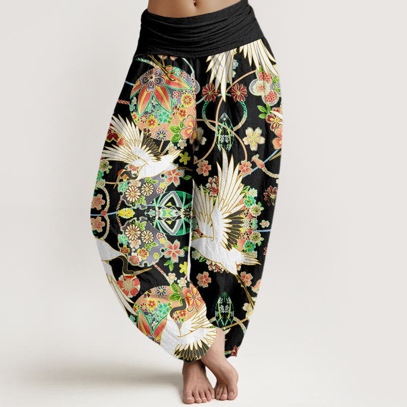 Nimara Ritual Cotton Casual Crane Floral Geometric Pattern Elastic Waist Women's Harem Pants