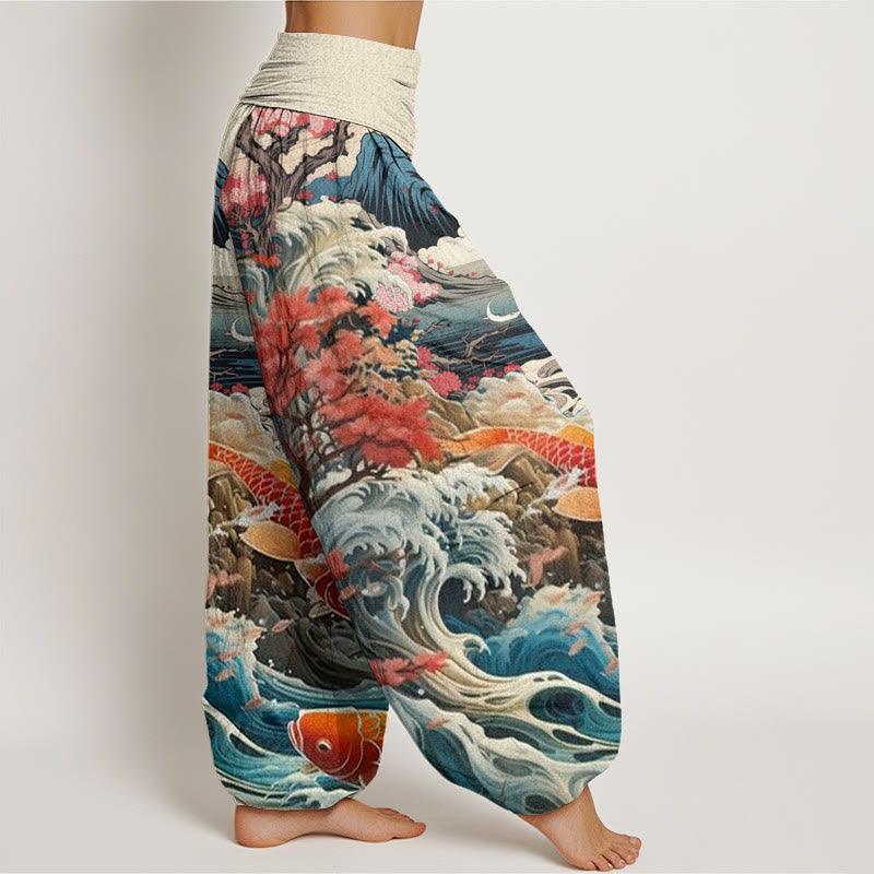 Nimara Ritual Cotton Casual Blossoming Tree Koi Fish Wave Mountain Pattern Women's Elastic Waist Harem Pants