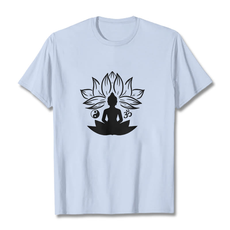 Nimara Ritual Om Yin Yang Buddha Statue Sitting Lotus Meditation Tee T-shirt