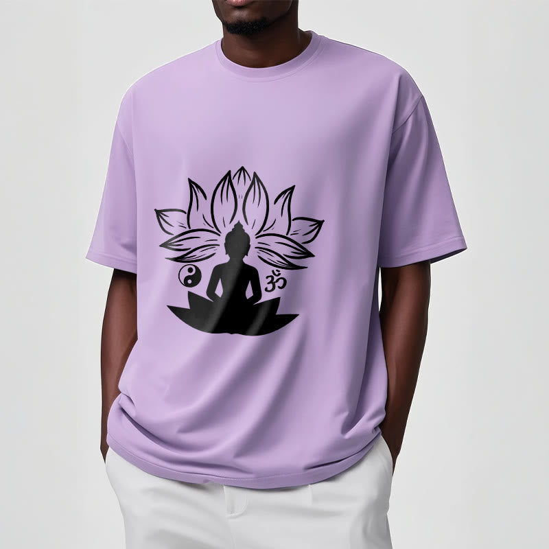 Nimara Ritual Om Yin Yang Buddha Statue Sitting Lotus Meditation Tee T-shirt