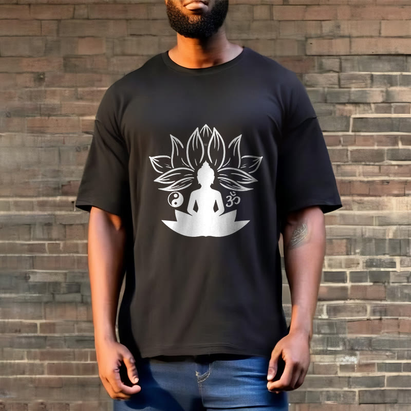 Nimara Ritual Om Yin Yang Buddha Statue Sitting Lotus Meditation Tee T-shirt