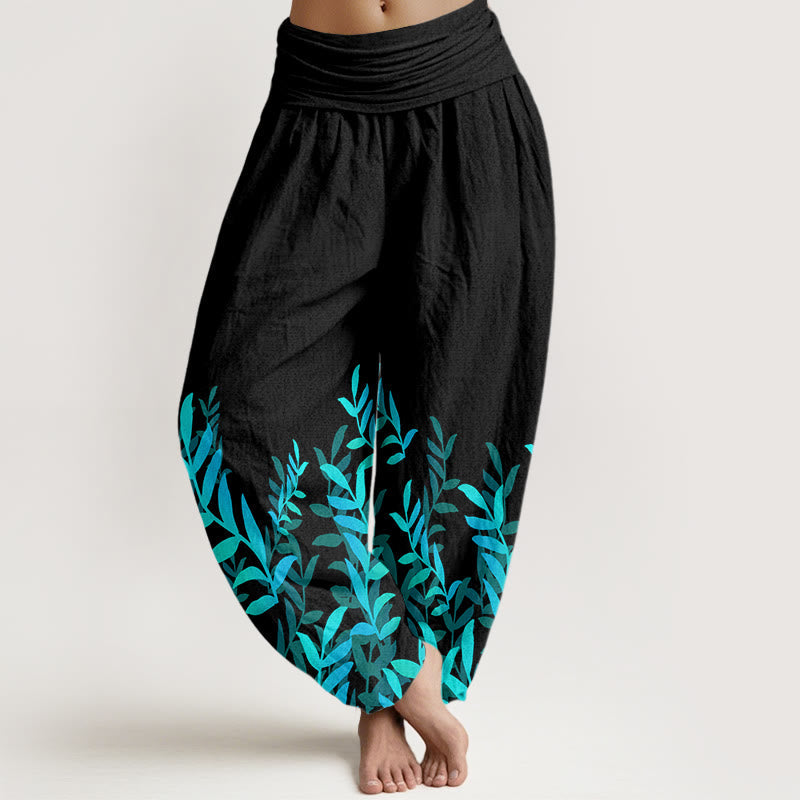 Nimara Ritual Cotton Casual Leaves Pattern Women's Elastic Waist Harem Pants