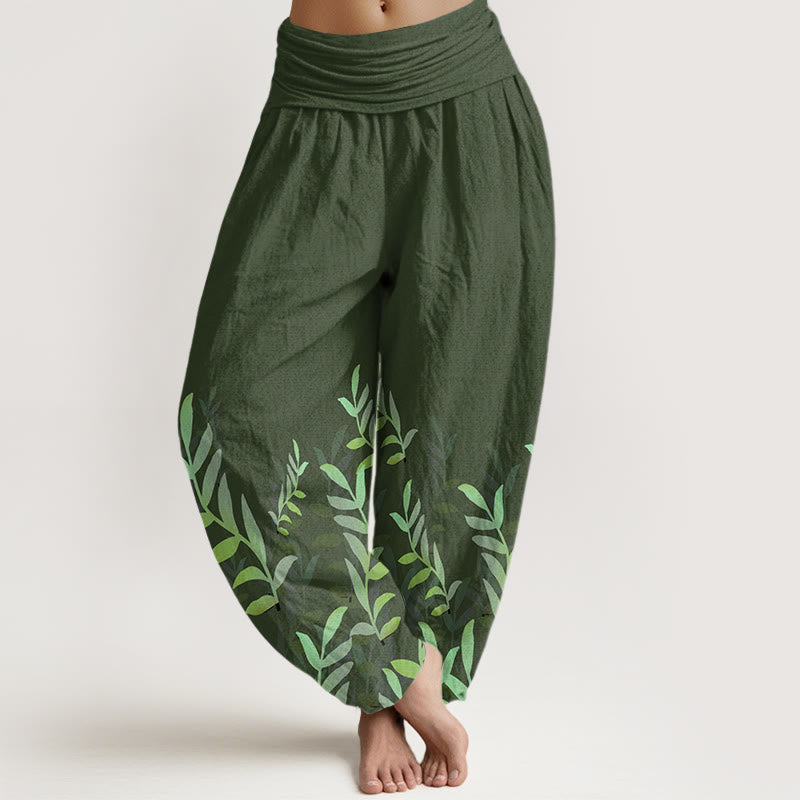 Nimara Ritual Cotton Casual Leaves Pattern Women's Elastic Waist Harem Pants
