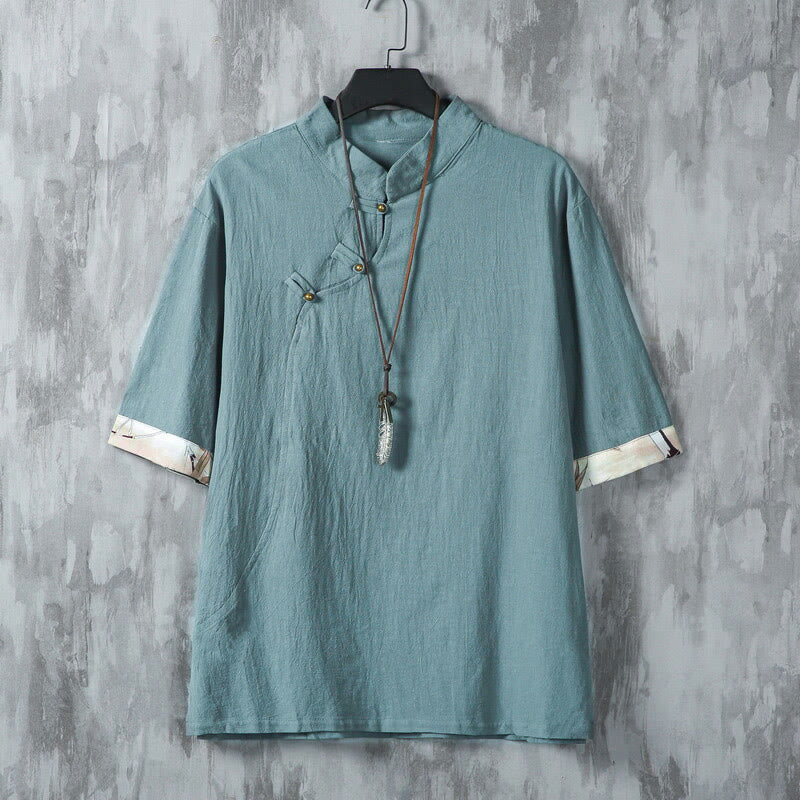 Nimara Ritual Summer Chinese Frog-Button Printing Men's Plain Patchwork Half Sleeve Cotton Linen Shirt
