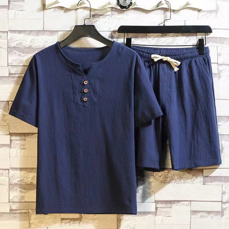 Nimara Ritual 2Pcs Short Sleeve T-Shirt Drawstring Short Pants With Pockets Men's Cotton Linen Meditation Cloth Set