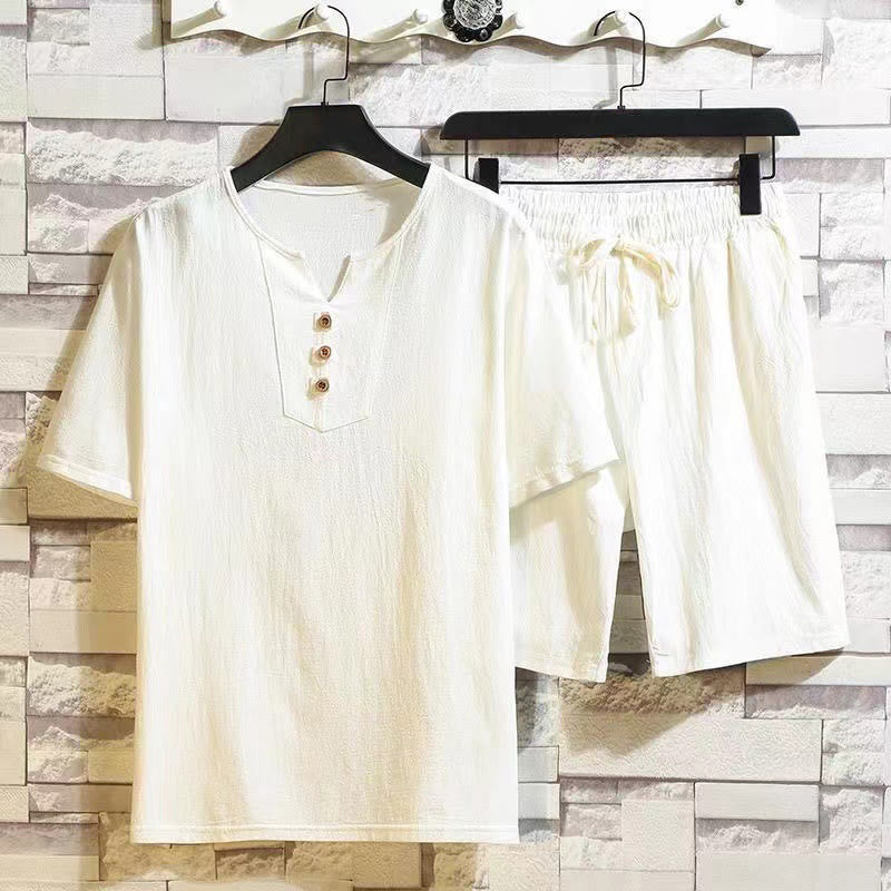 Nimara Ritual 2Pcs Short Sleeve T-Shirt Drawstring Short Pants With Pockets Men's Cotton Linen Meditation Cloth Set