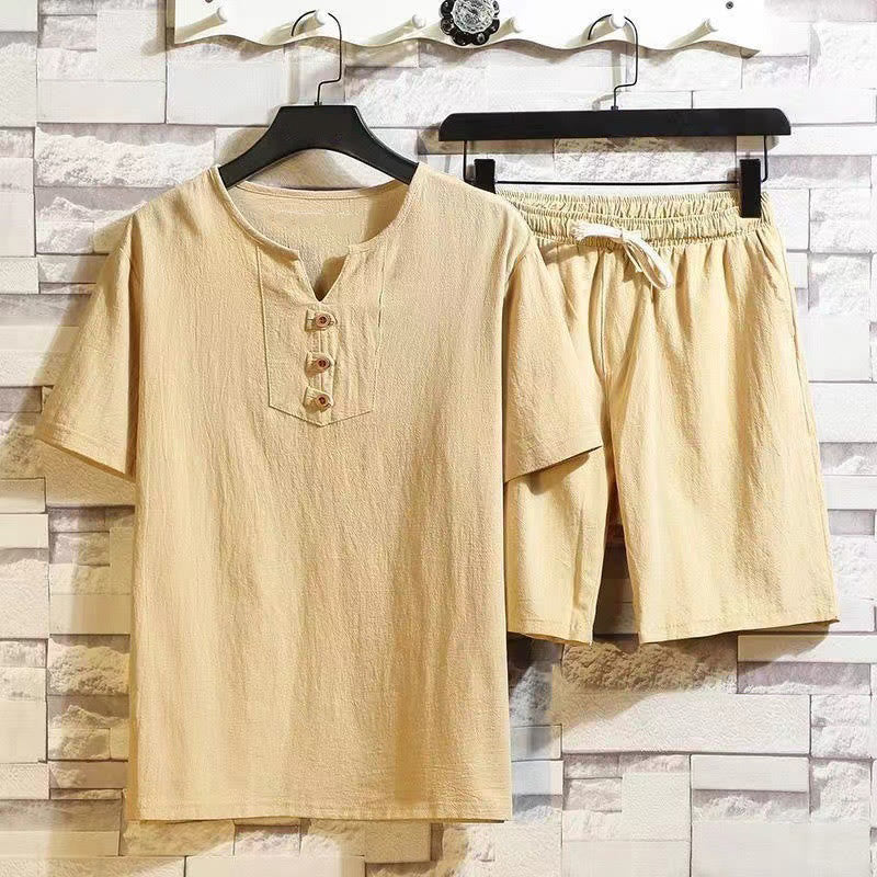 Nimara Ritual 2Pcs Short Sleeve T-Shirt Drawstring Short Pants With Pockets Men's Cotton Linen Meditation Cloth Set