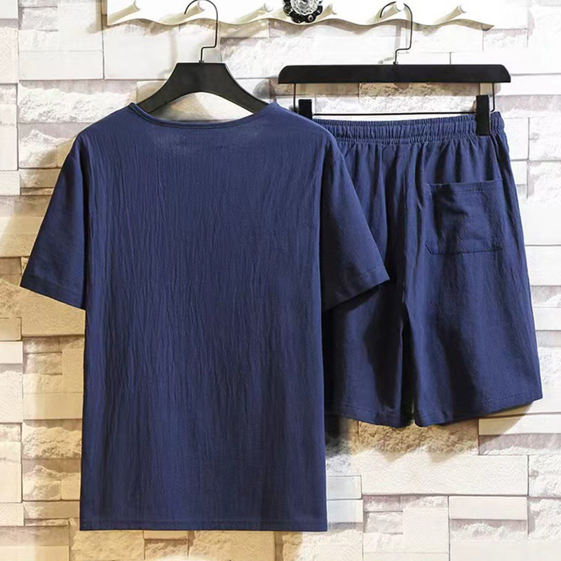 Nimara Ritual 2Pcs Short Sleeve T-Shirt Drawstring Short Pants With Pockets Men's Cotton Linen Meditation Cloth Set