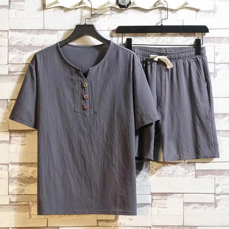 Nimara Ritual 2Pcs Short Sleeve T-Shirt Drawstring Short Pants With Pockets Men's Cotton Linen Meditation Cloth Set
